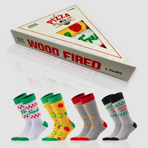 photo of 4 pair of assorted pizza-themed crew socks with pizza-shaped gift box