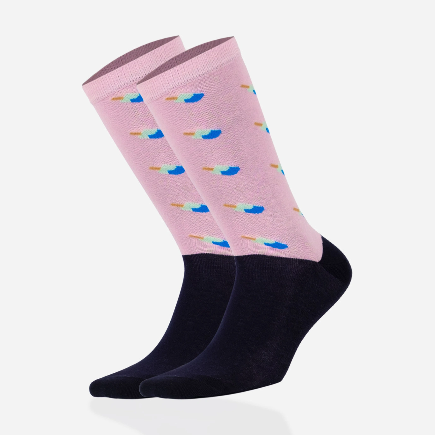 photo of dark blue and pink icecream-themed crew socks