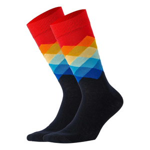 image of crew sock with a navy base and bright multicoloured jacquard detail