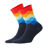 image of crew sock with a navy base and bright multicoloured jacquard detail