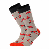 photo of light grey crew socks with orange scooter images