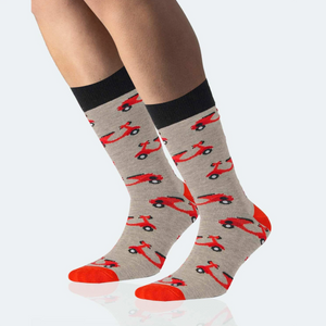 photo of light grey crew socks with orange scooter images