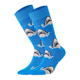 photo of light blue crew socks with shark head images