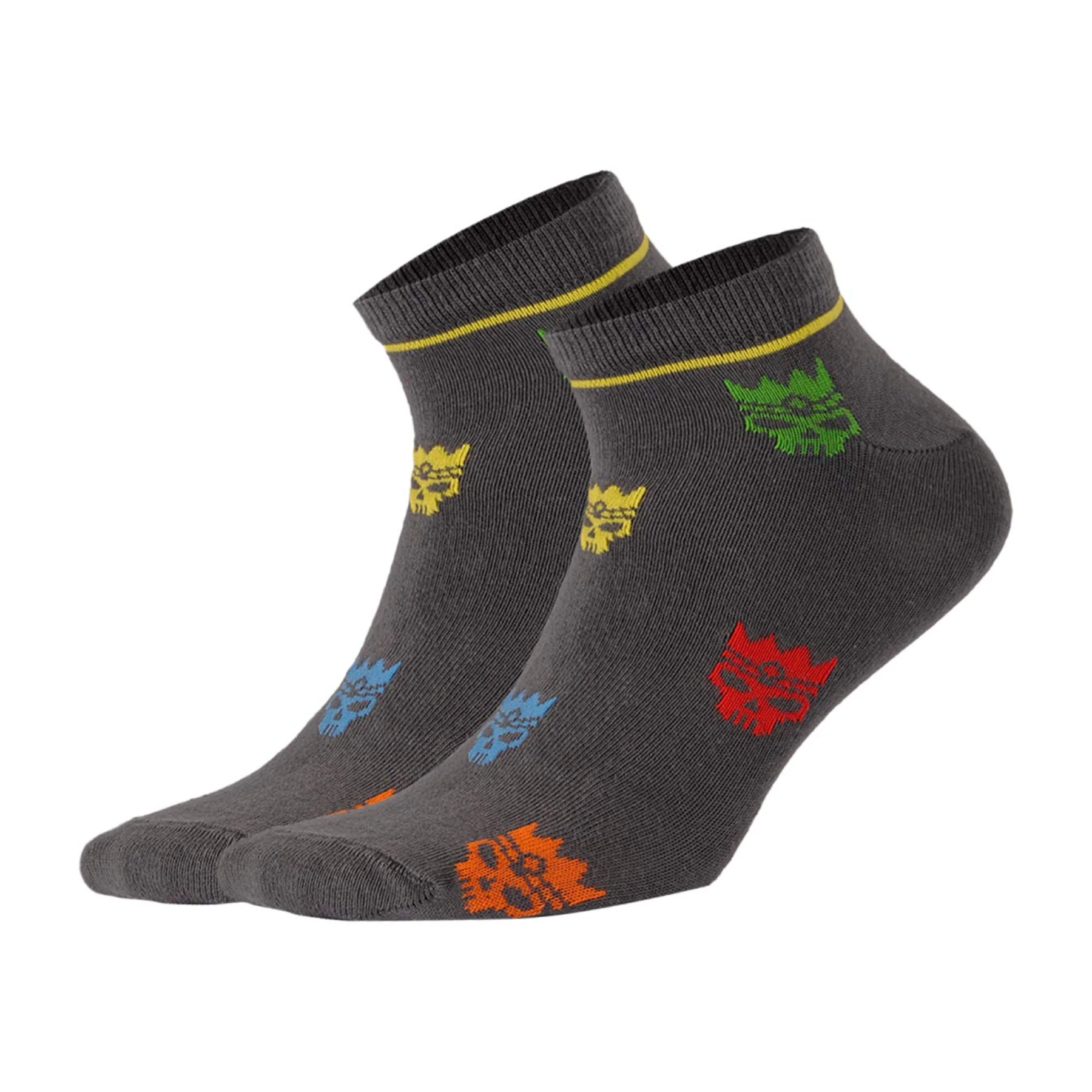 photo of dark coloured ankle socks with king-skull images