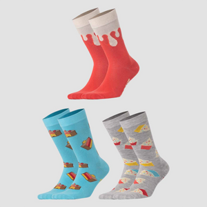 photo of 3 pairs of assorted cake-themed crew socks