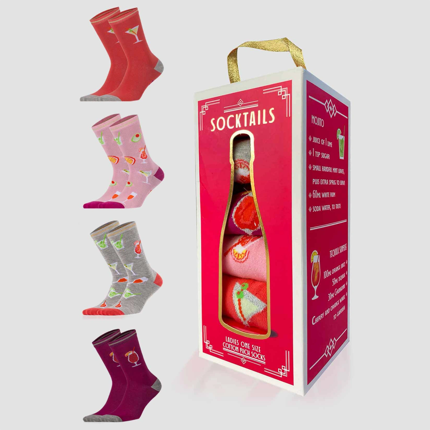 photo of 4 pairs of assorted 'socktail'-themed crew socks with bottle shaped gift box