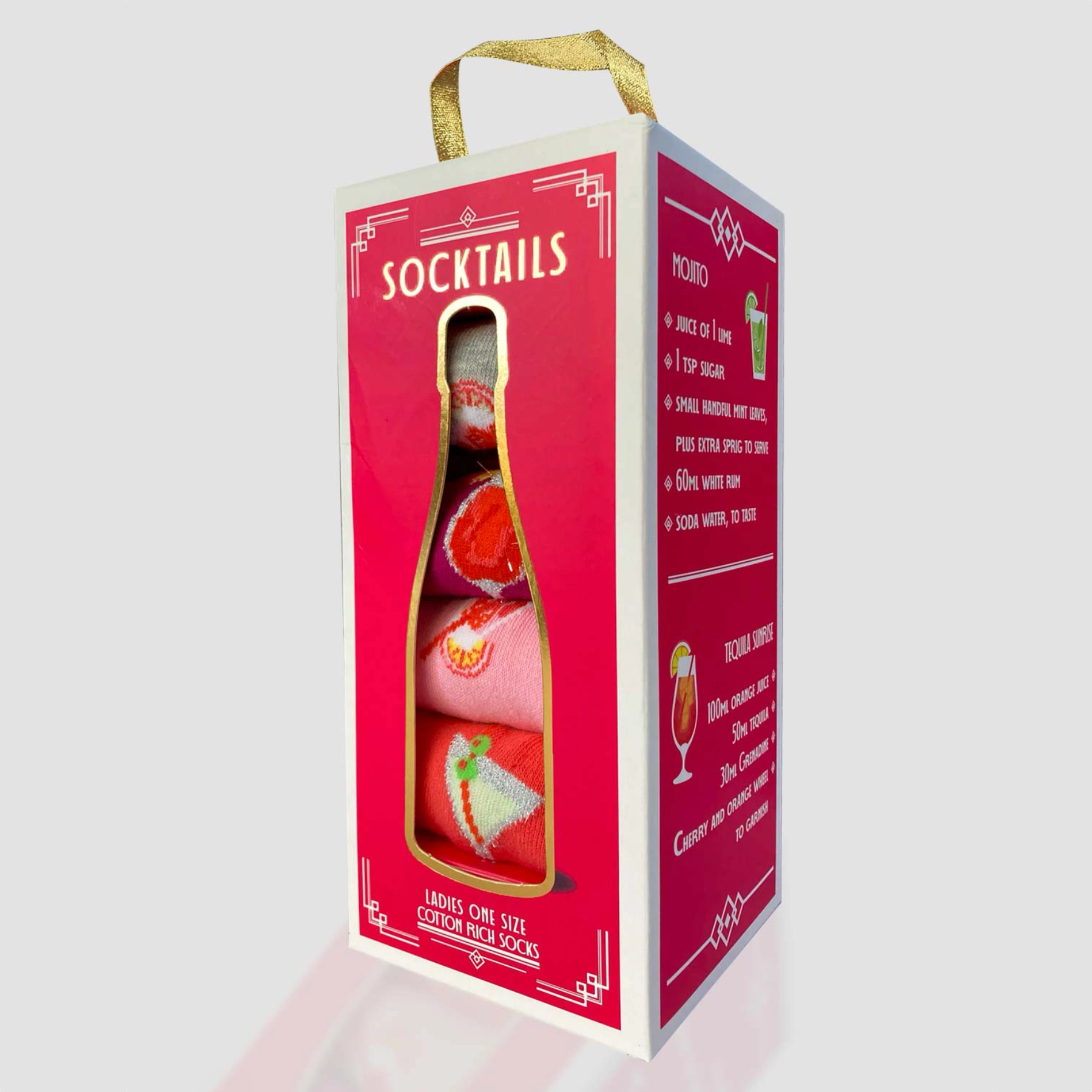 photo of 4 pairs of assorted 'socktail'-themed crew socks in bottle shaped gift box