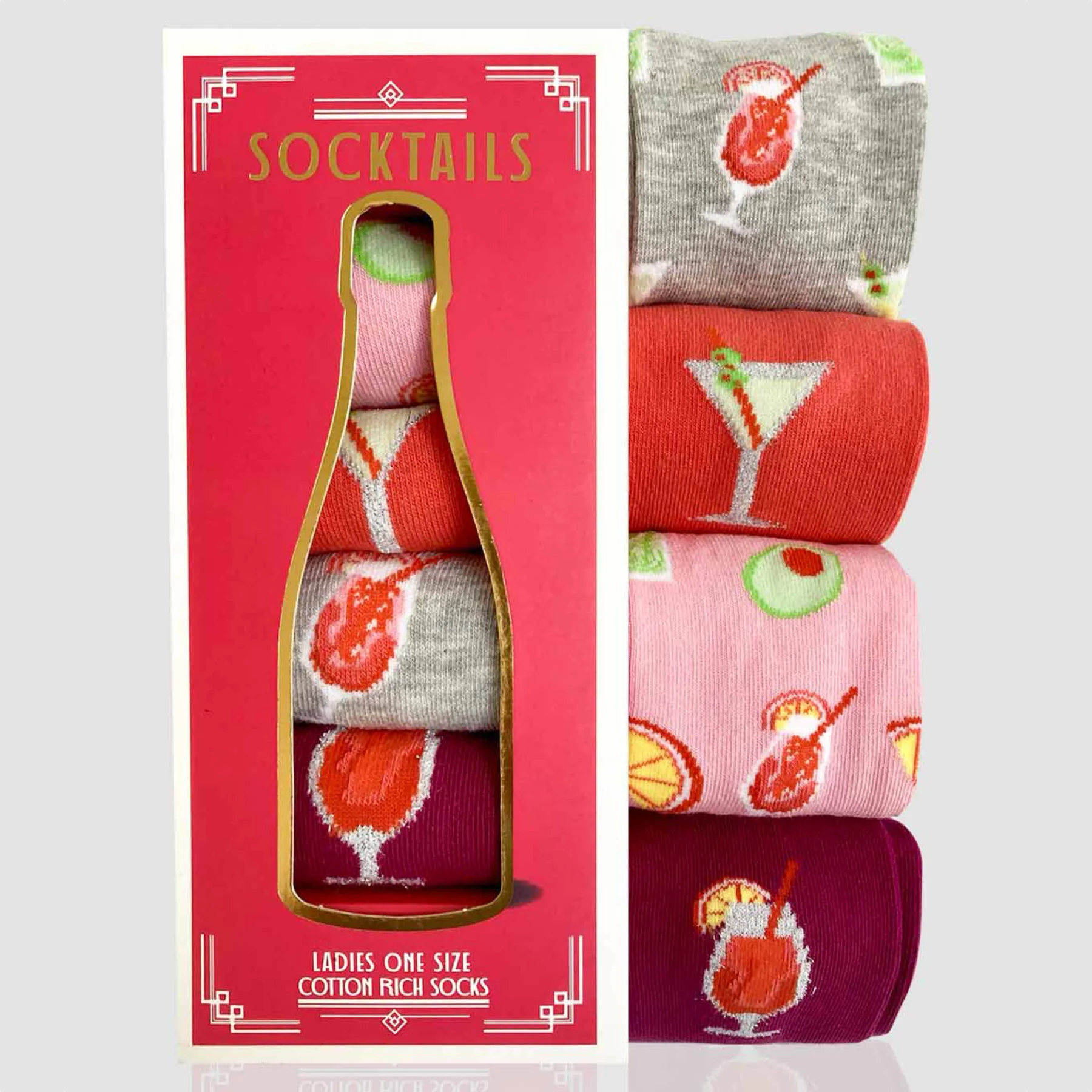 photo of 4 pairs of assorted 'socktail'-themed crew socks with bottle shaped gift box