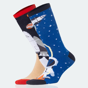 photo of mismatched space-themed crew socks