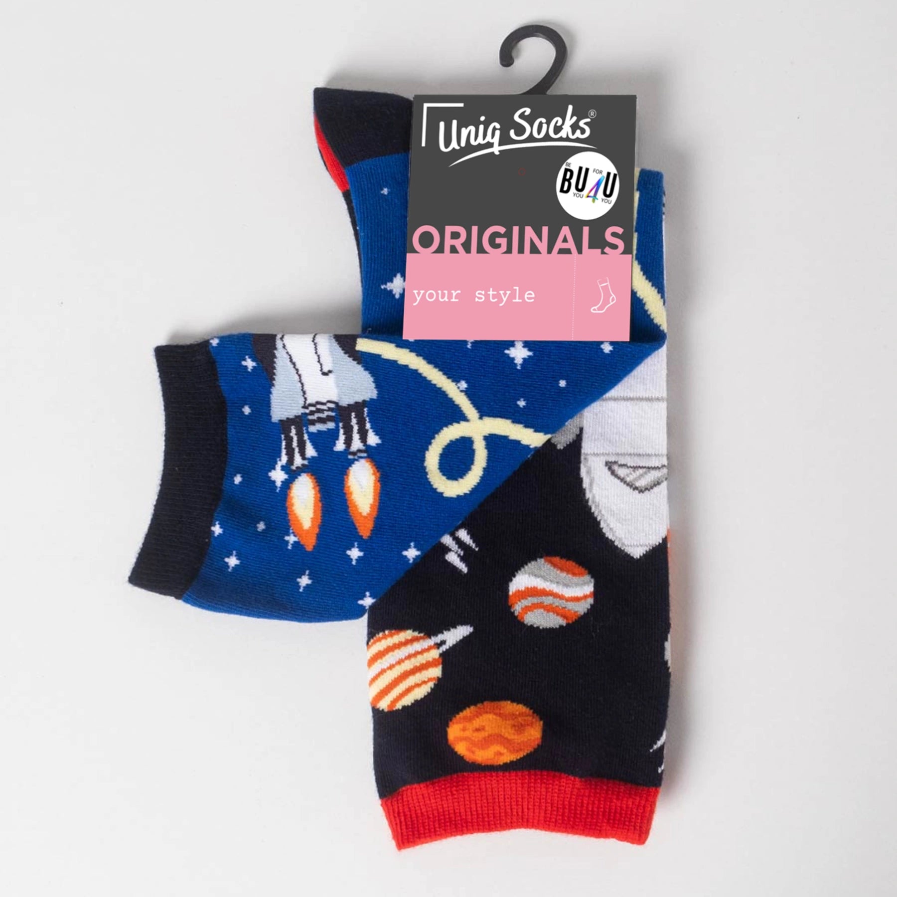 photo of mismatched space-themed crew socks