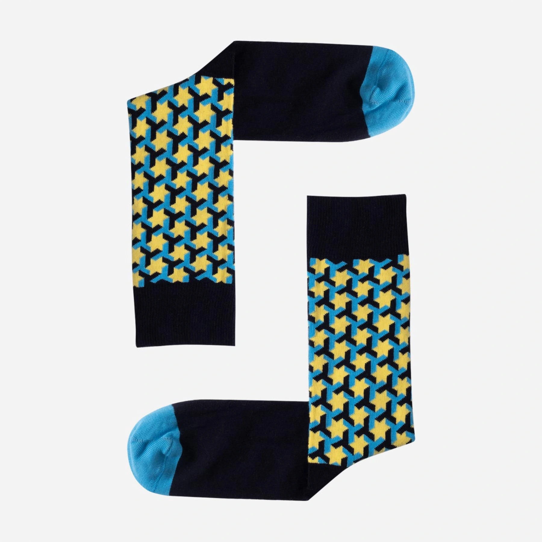 image of blue, navy and lemon coloured star themed crew socks