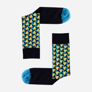 image of blue, navy and lemon coloured star themed crew socks