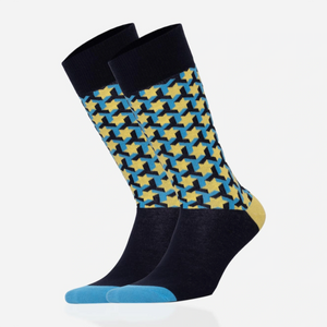 image of blue, navy and lemon coloured star themed crew socks