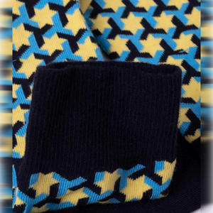 image of blue, navy and lemon coloured star themed crew socks