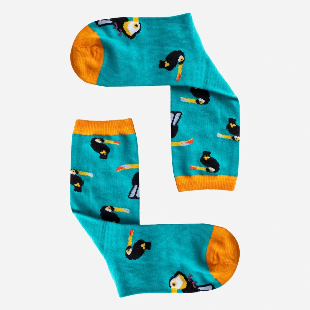 photo of turquoise crew socks with toucan images