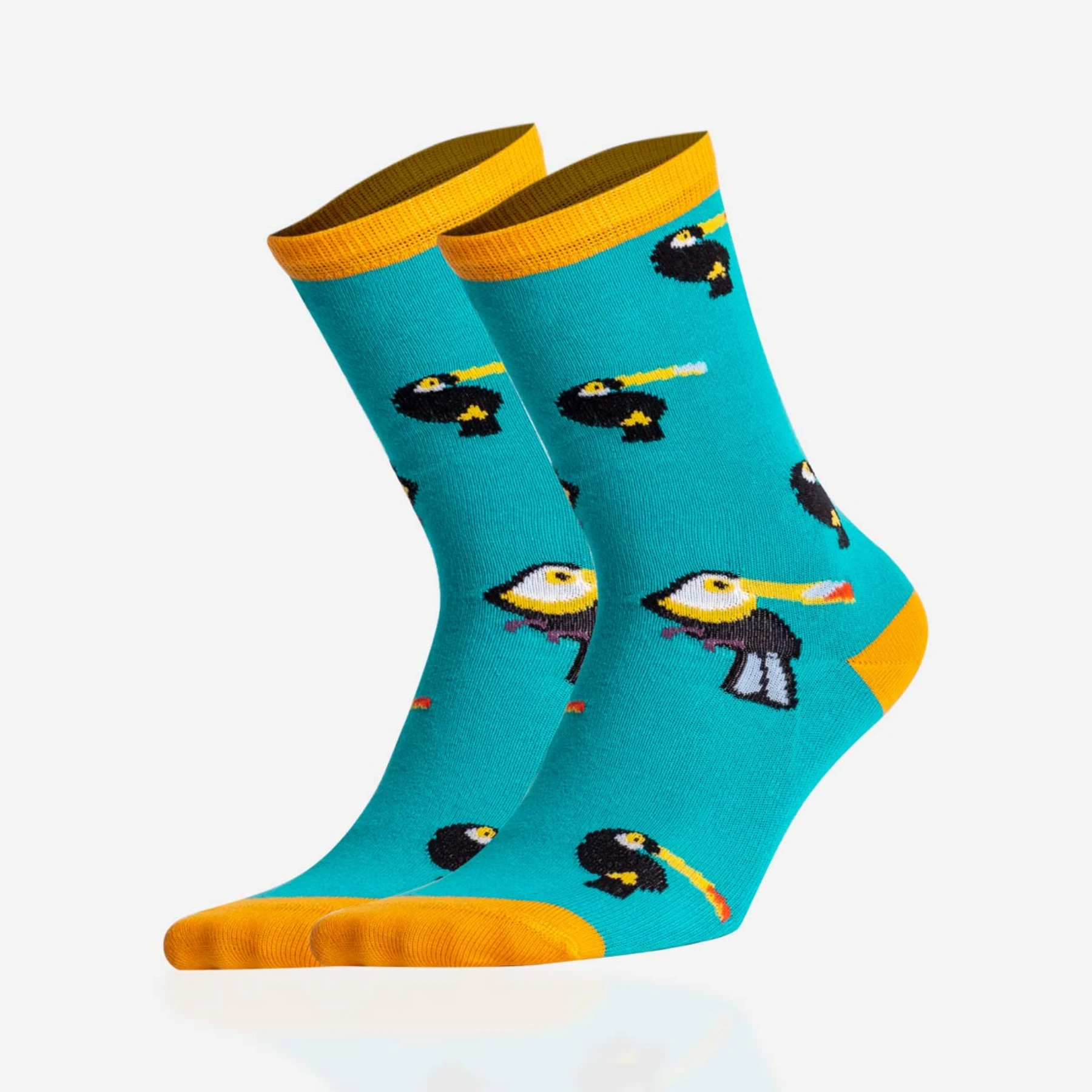 photo of turquoise crew socks with toucan images