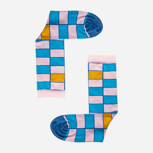 image of light blue and pink checked crew socks