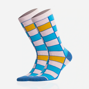 image of light blue and pink checked crew socks