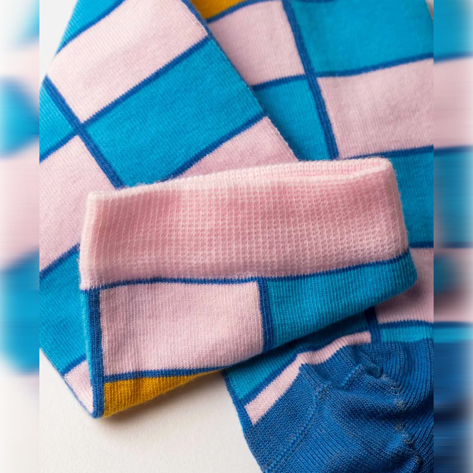 image of light blue and pink checked crew socks