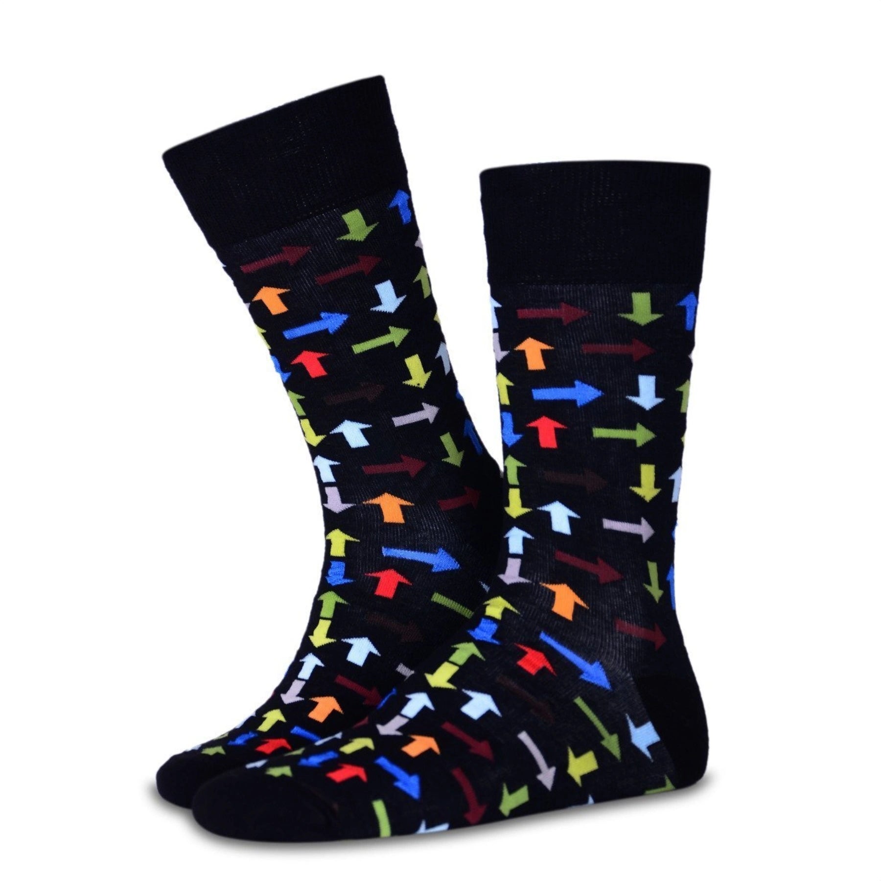 photo of dark blue multicoloured arrow-themed crew socks