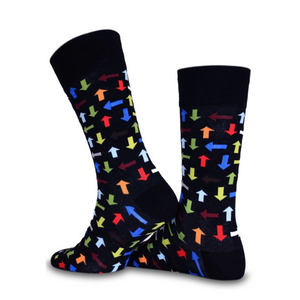 photo of dark blue multicoloured arrow-themed crew socks