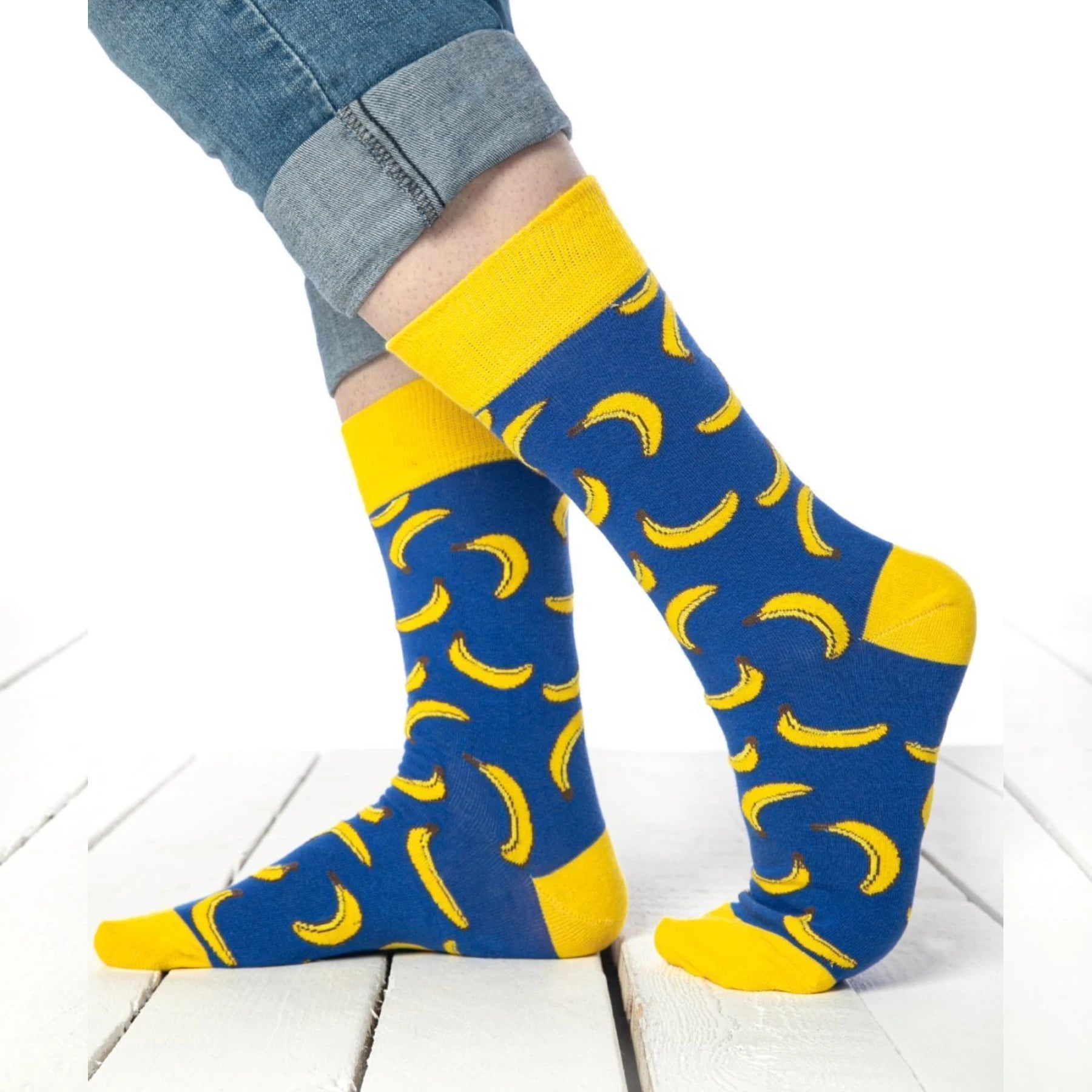 photo of blue and yellow banana-themed crew socks