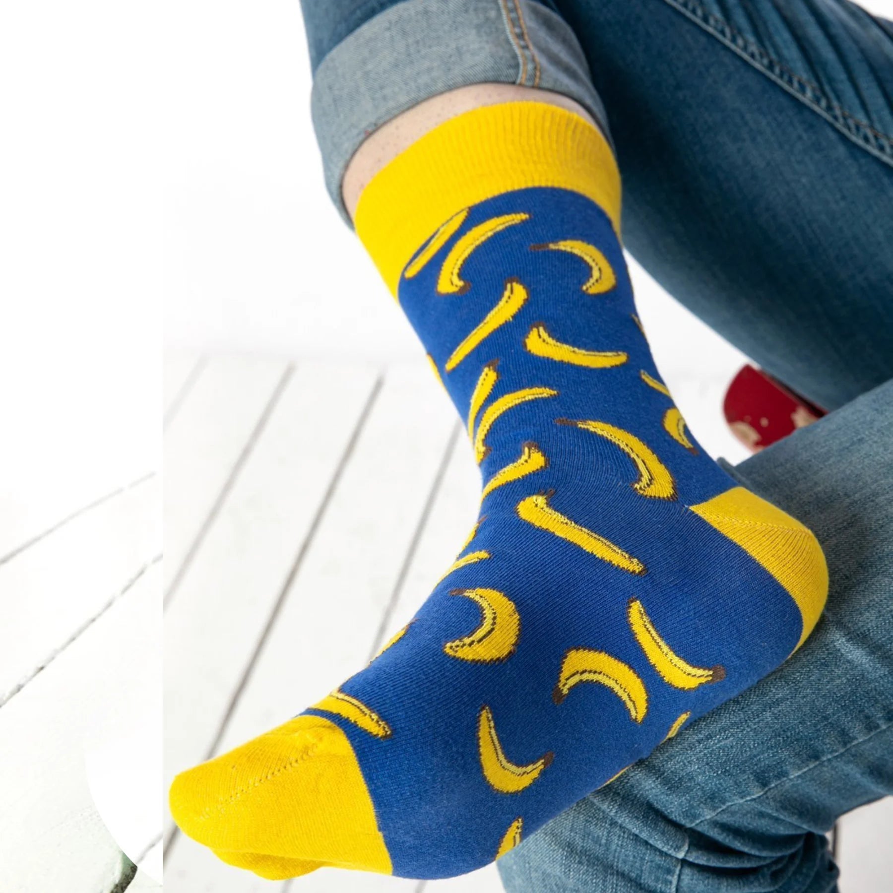 photo of blue and yellow banana-themed crew socks