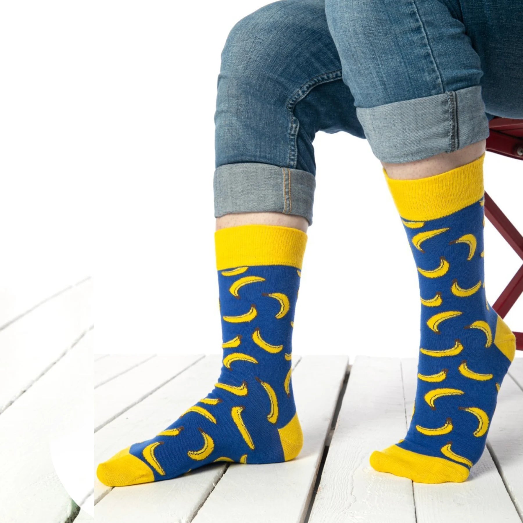 photo of blue and yellow banana-themed crew socks