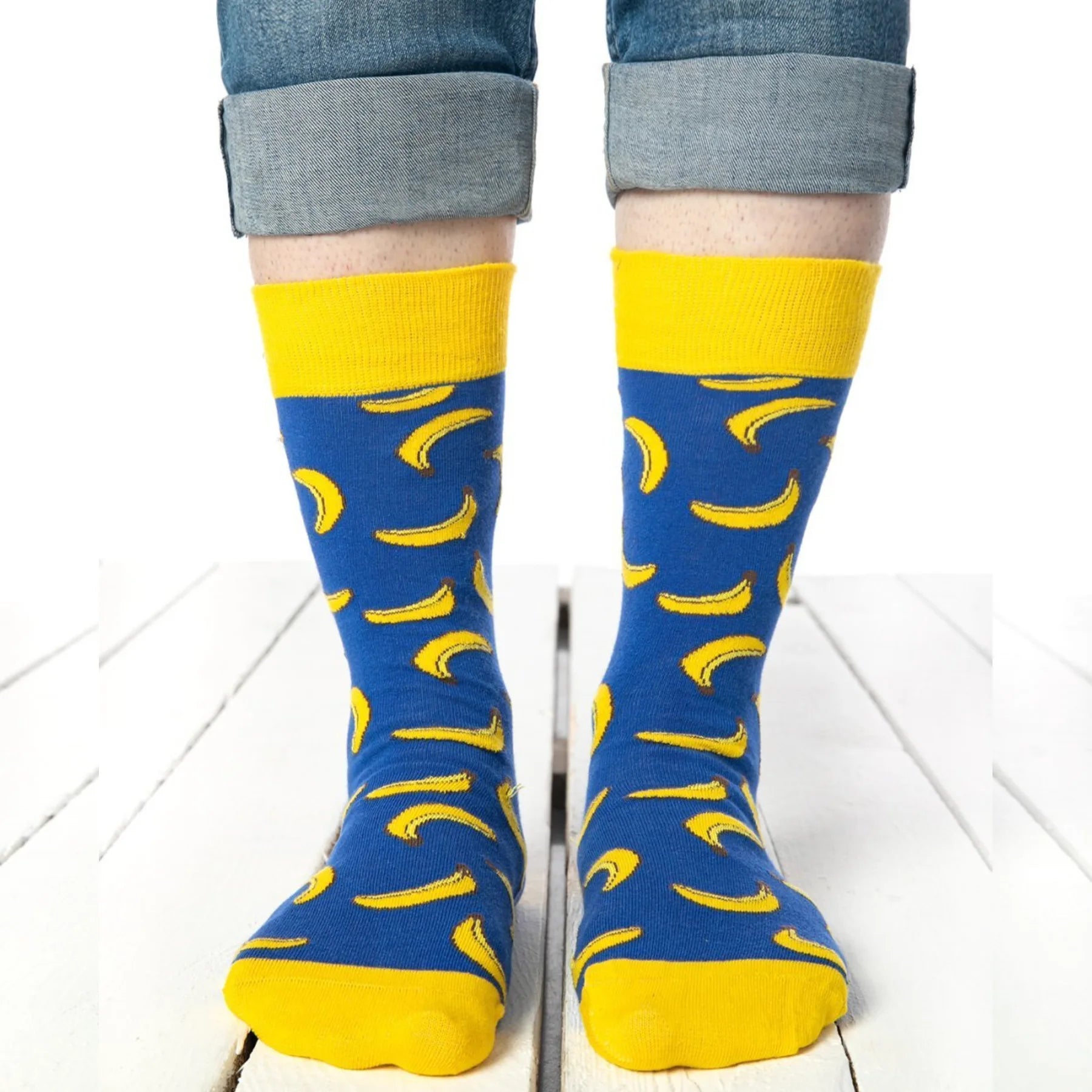 photo of blue and yellow banana-themed crew socks