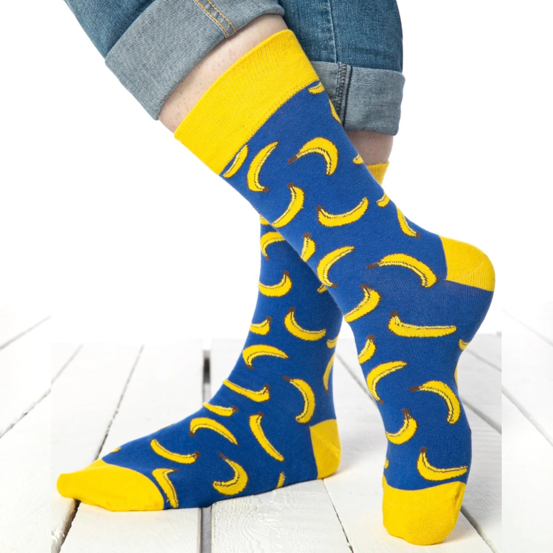 photo of blue and yellow banana-themed crew socks