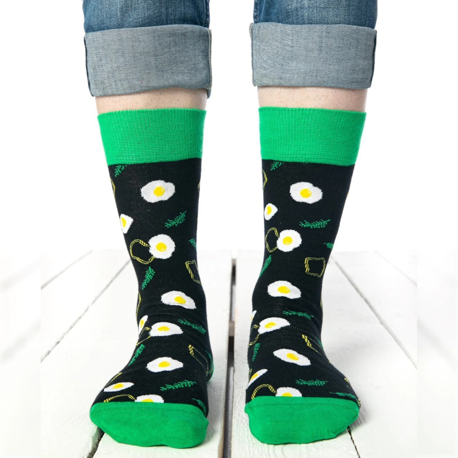 photo of dark blue and green egg-themed crew socks