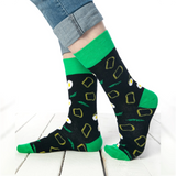 photo of dark blue and green egg-themed crew socks