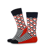 photo of red, white, and black striped/checked-themed crew socks