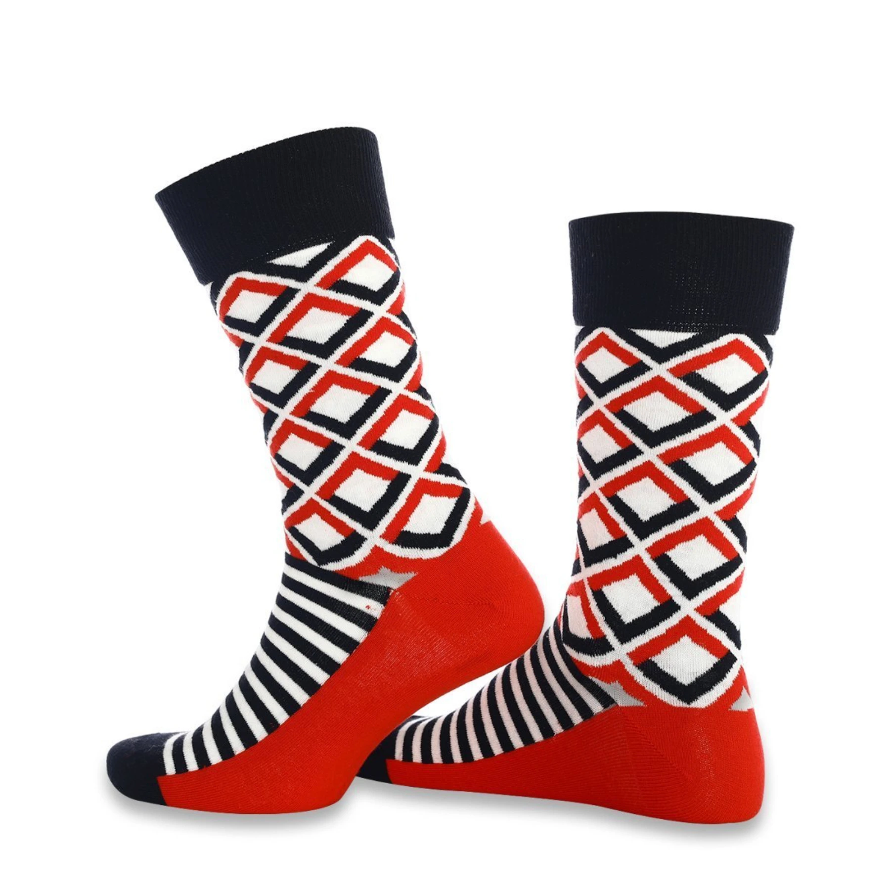 photo of red, white, and black striped/checked-themed crew socks