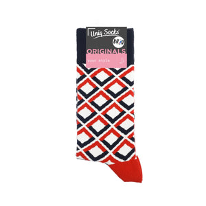 photo of red, white, and black striped/checked-themed crew socks