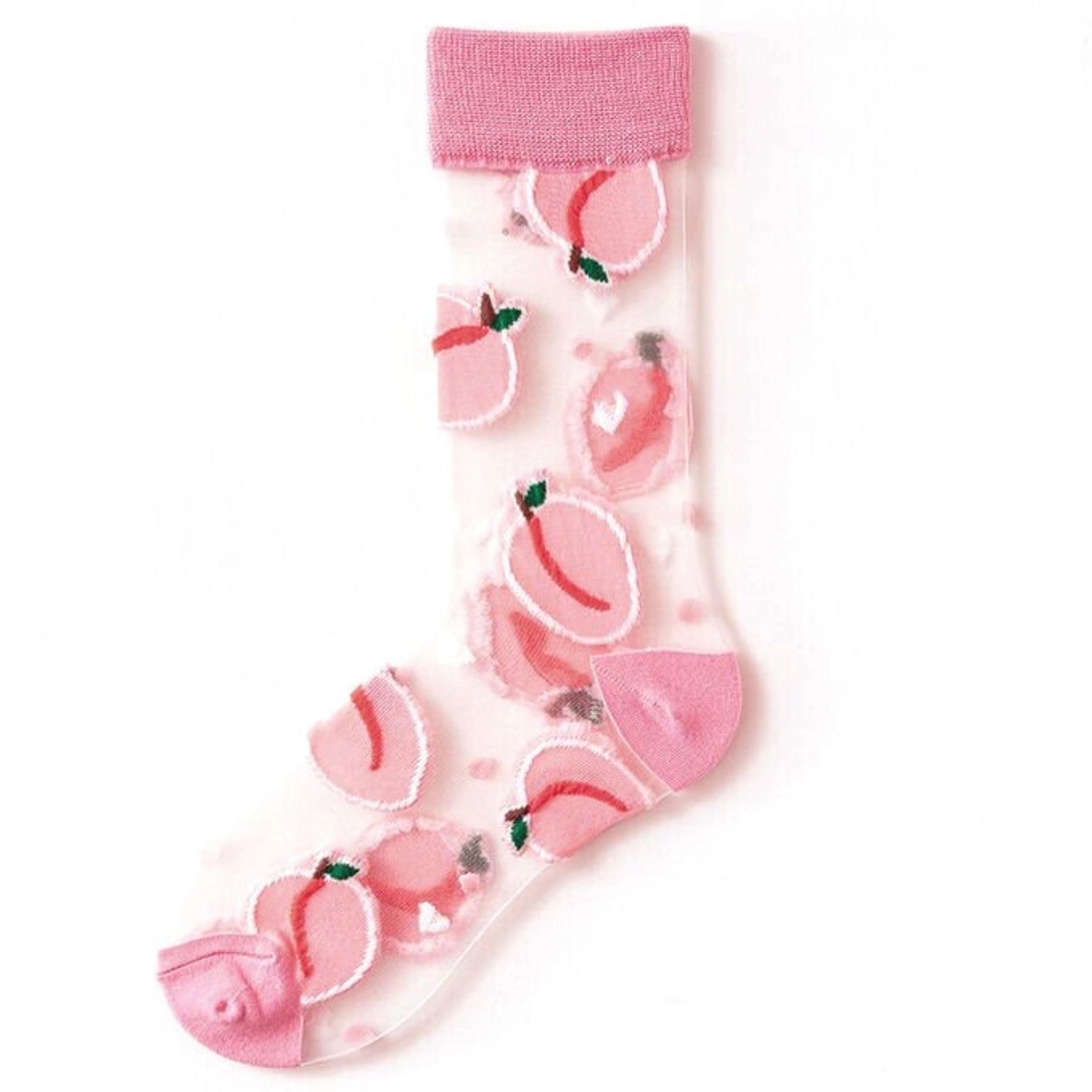 photo of sheer, pink fruit patterned crew socks