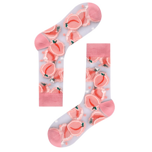 photo of sheer, pink fruit patterned crew socks