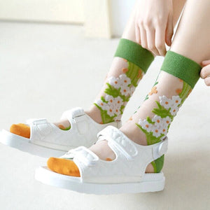 image of person wearing sheer socks with plant detail in a white sandals