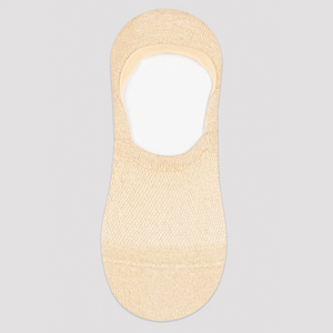 Image of beige no-show sock with gold sparkly yarn and open weave design for comfort