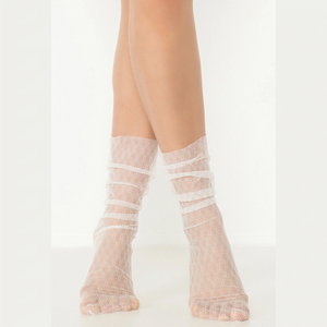 person wearing baggy white quarter length socks lace inspired