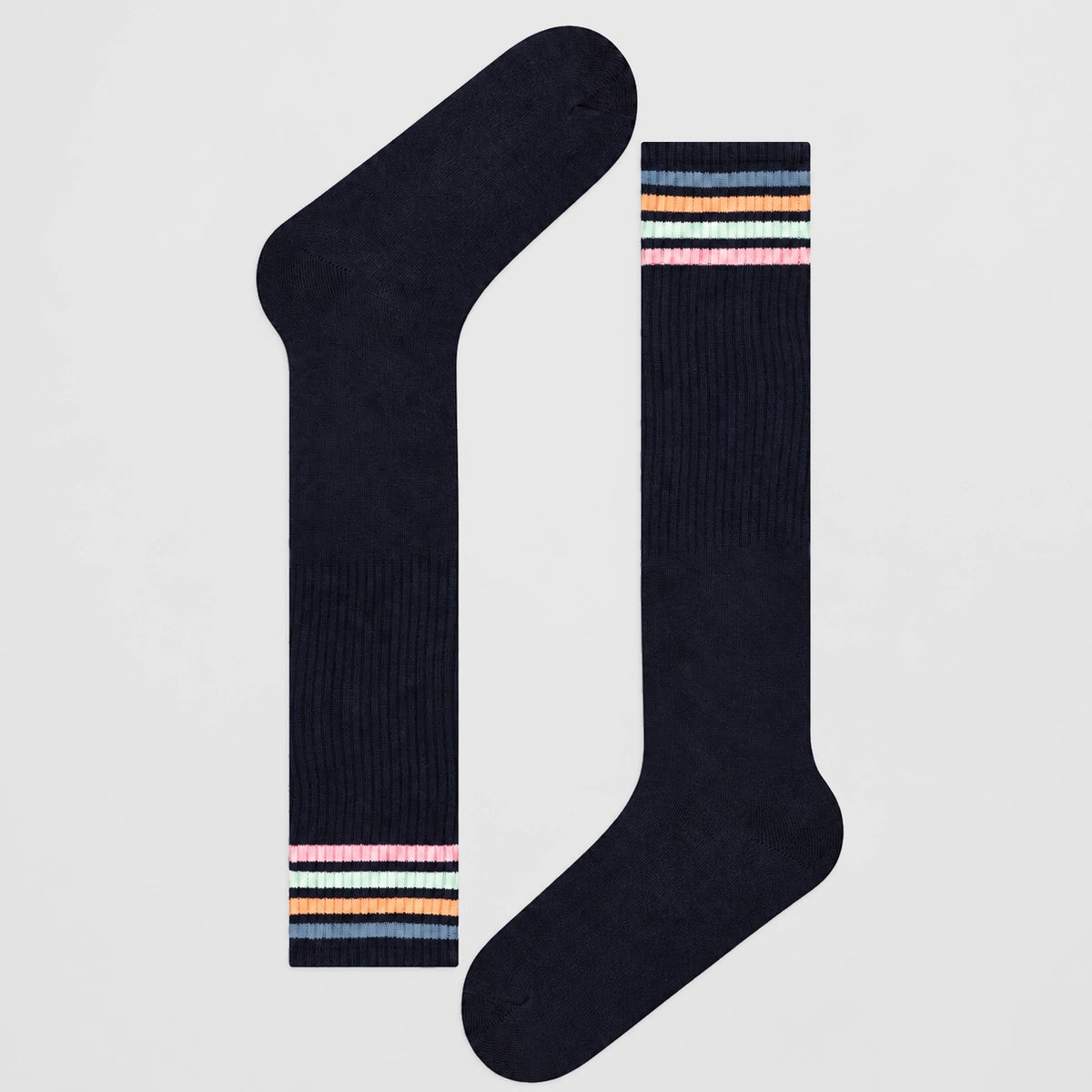 Navy knee-high socks with striped cuffs