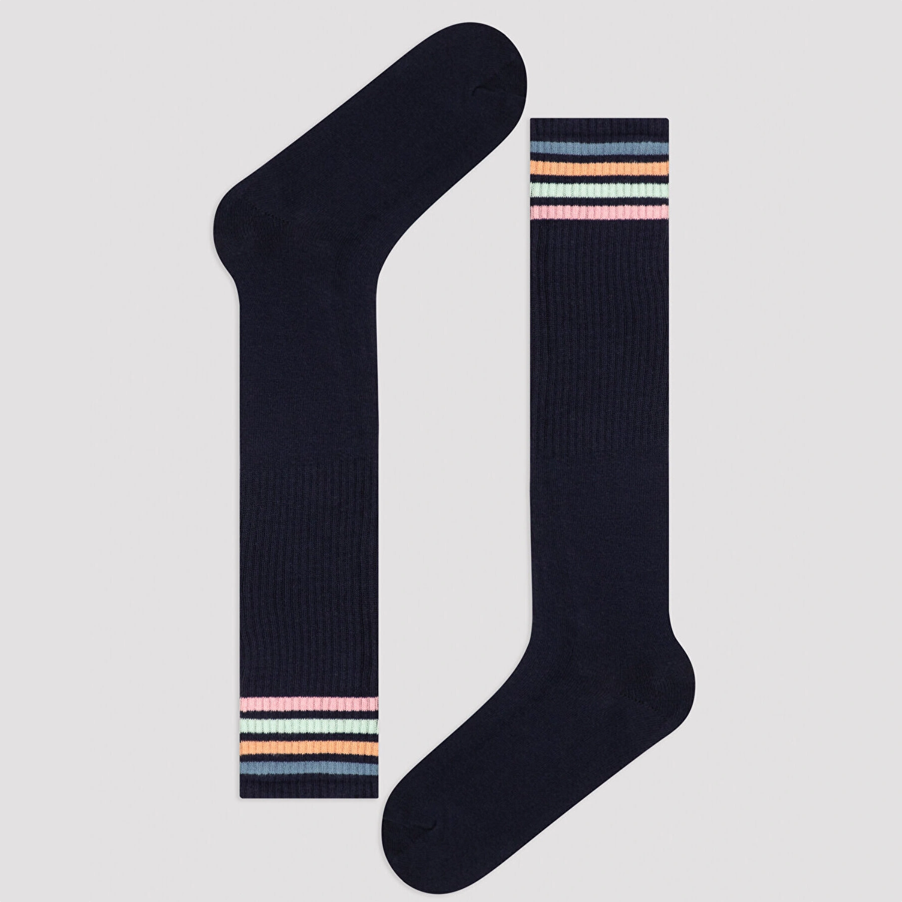 navy knee high socks with coloured stripes