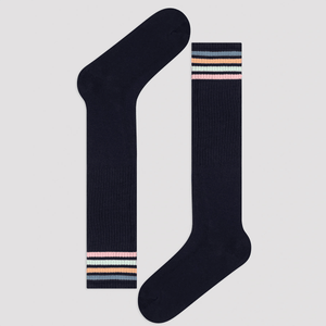 Navy knee-high socks with striped cuffs